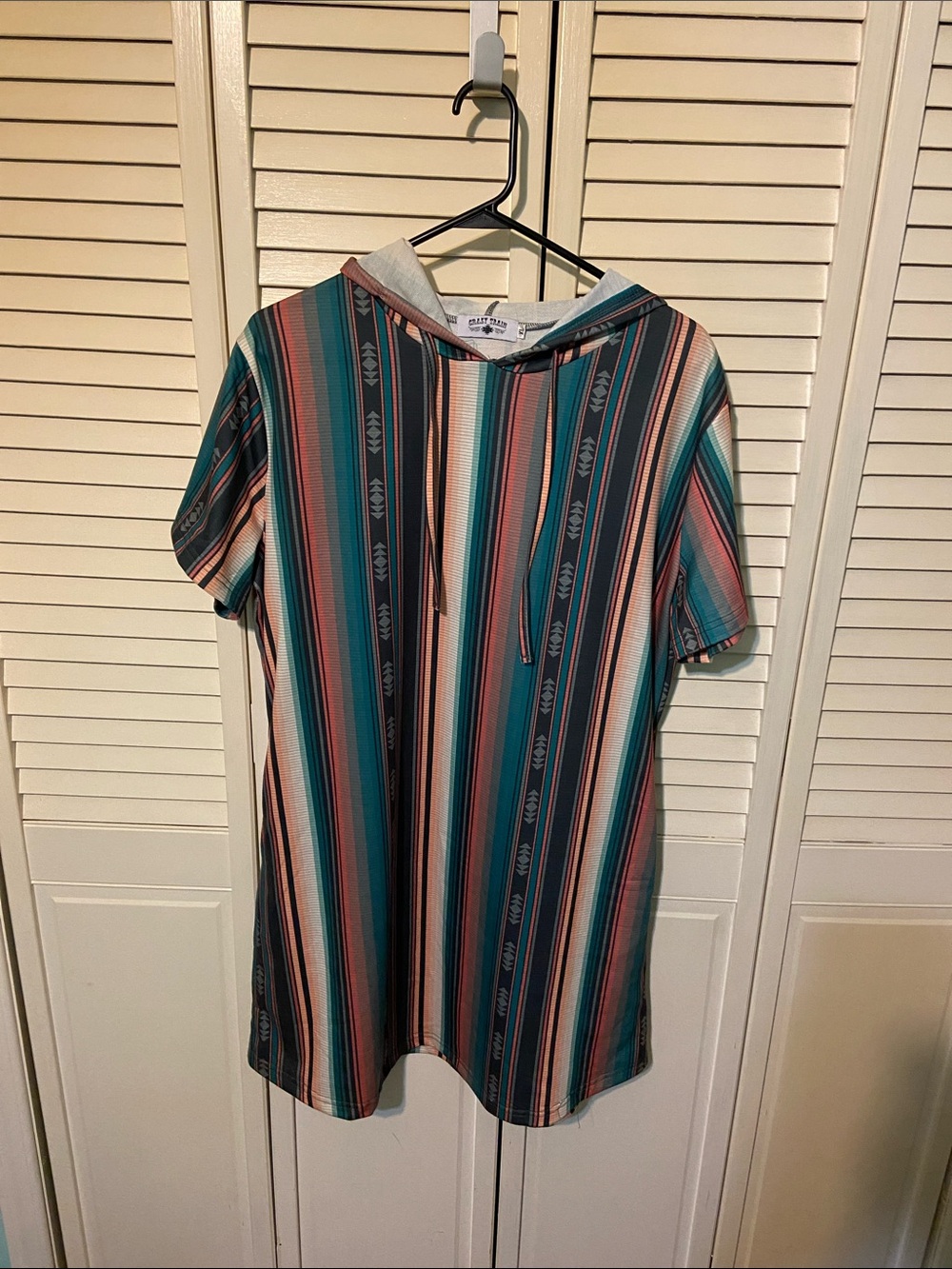Crazy Train Striped Hooded Tunic in Teal, Coral, Cream and Navy
